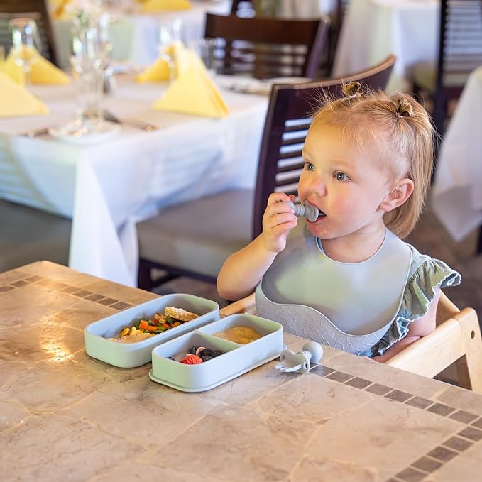 Travel Silicone Portable Feeding Supplies - Toddler Suction Plates, Silicone Baby Spoon & Fork, Lightweight Foldable Bib & Waterproof Storage Bag - 6 Piece Set