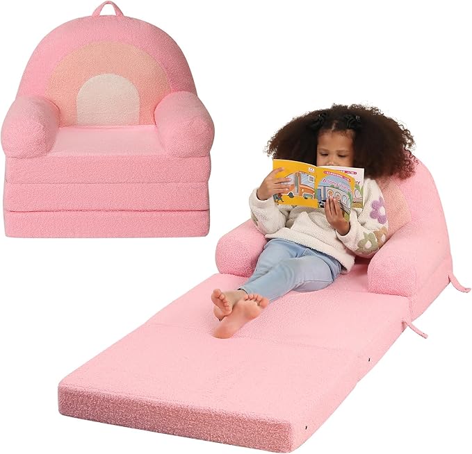 Foldable Kids Sofa, Comfy Rainbow Toddler Couch with Tri Folding Foam Cushions, Comfy Couch for Kid Age 3-6