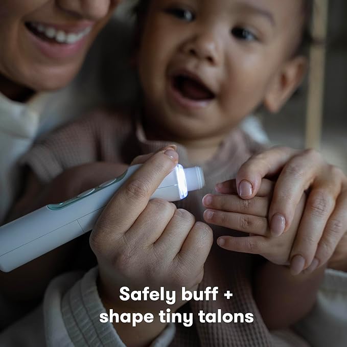 Frida Baby Electric Nail Buffer | Safe + Easy Baby Nail File, Baby Nail Clippers + Nail Trimmer Kit for Newborn, Toddler, Children's Fingernails/Toenails, 4 Buffer Pads, LED Light, Storage Case, White