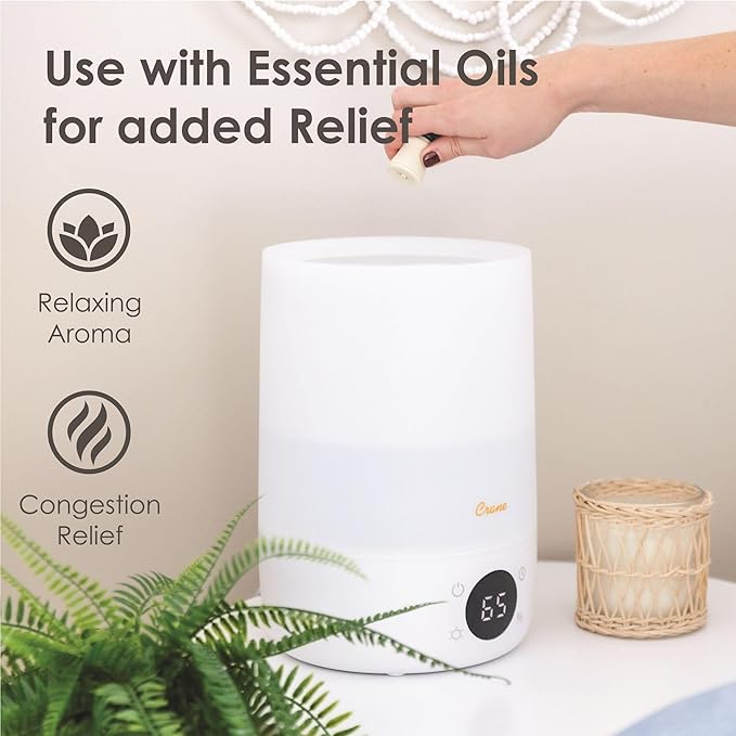 Crane Ultra-Quiet 3-in-1 Humidifier, Essential Oil Aroma Diffuser & Soothing Sleep Light - Compact 1.2 Gallon Capacity with Adjustable Night Light & Fragrance Tray - Ideal for Bedroom and Office