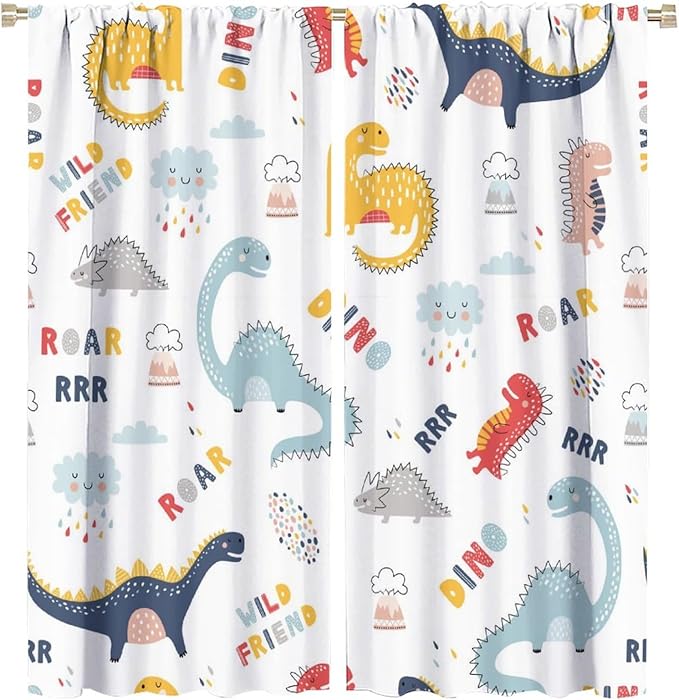 Cartoon Dinosaur Curtains for Kids Boys Girls Home Decor Colorful Cute Dino Animals Print Pattern Rod Pocket Blackout Window Drapes for Nursery Baby Bedroom Playroom W31.5xL72in 2 Panels