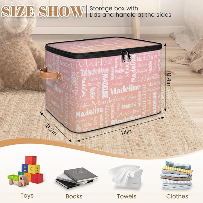 Custom Storage Basket with Name, Personalized Storage Bins with Zipper Lid, Foldable Fabric Storage Box Large capacity with Handle Pink Orange