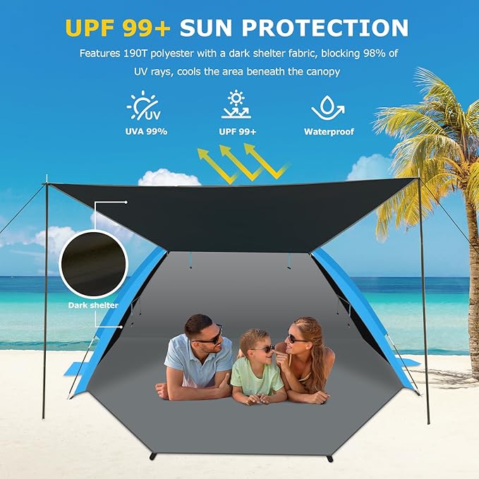 Gorich Beach Tent with Canopy - Easy Setup 3-4/5-6/7-8 Person Portable Sun Shelter, UPF 50+ UV Protection Sun Shade, Lightweight & Compact Beach Cabana for Family Travel