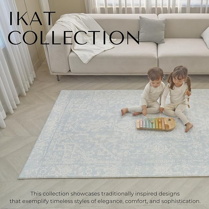 Baby Care Soft Rug (Prestige, Ikat - Inca Blue) 98'' x 59'' Original One-Piece Reversible Rollable Waterproof Play Mat for Infants, Babies, Toddler, and Kids