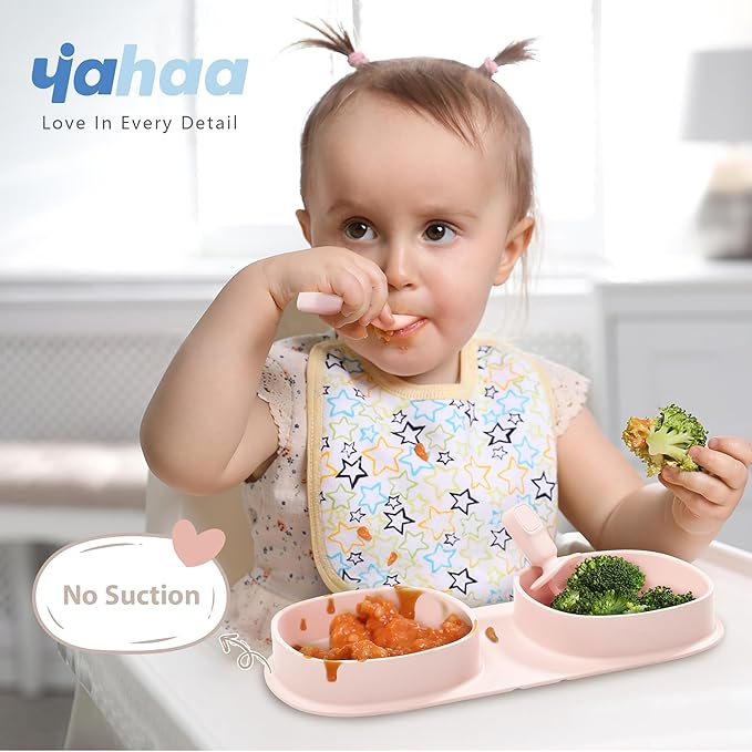 Silicone Foldable Novelty Dinner Plates,Baby Plates Travel Essential with Forks and Spoons,Microwave & Dishwasher Safe,Blush