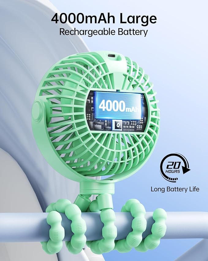 SWEETFULL Portable Stroller Fan with Display 4000mAh Battery Powered Mini Clip On Fan, 4-Speed Rechargeable Small Personal Cooling for Baby Car Seat Crib Travel - Green