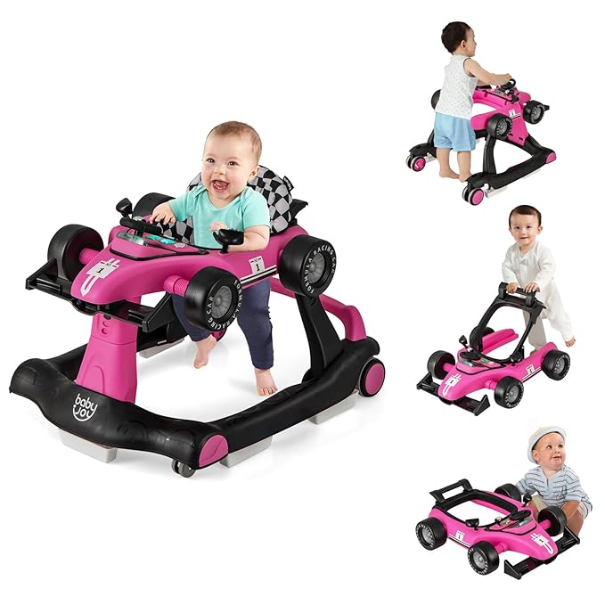 BABY JOY 4-in-1 Baby Walker, Foldable Activity Walker with Adjustable Height & Speed, Music, Lights, Steering Wheel, Comfy Seat Cushion, Activity Baby Push Walker for Boys Girls Aged 6 –18 (Pink)