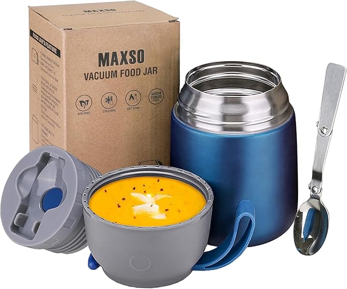 Insulated Thermo Food Jar for Hot & Cold Food for Kids Adult, 17 oz Soup Thermal Hot Food Containers for Lunch, Triple Layer Insulation Stainless Steel Food Jar with Spoon(Blue)