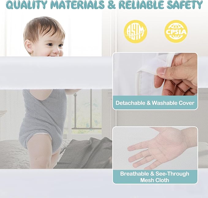 BABY JOY Bed Rails for Toddlers, Extra Long, Swing Down Safety Bed Guard for Convertible Crib, Folding Baby Bedrail for Kids Twin, Double, Full Size Queen & King Mattress (60-Inch, White)