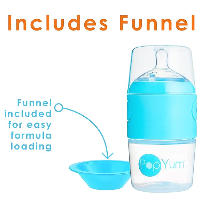 PopYum 5 oz Blue Anti-Colic Formula Making/Mixing/Dispenser Baby Bottles, 2-Pack with #1 Slow Flow Nipples, 150 ml, BPA-Free, Natural Latch