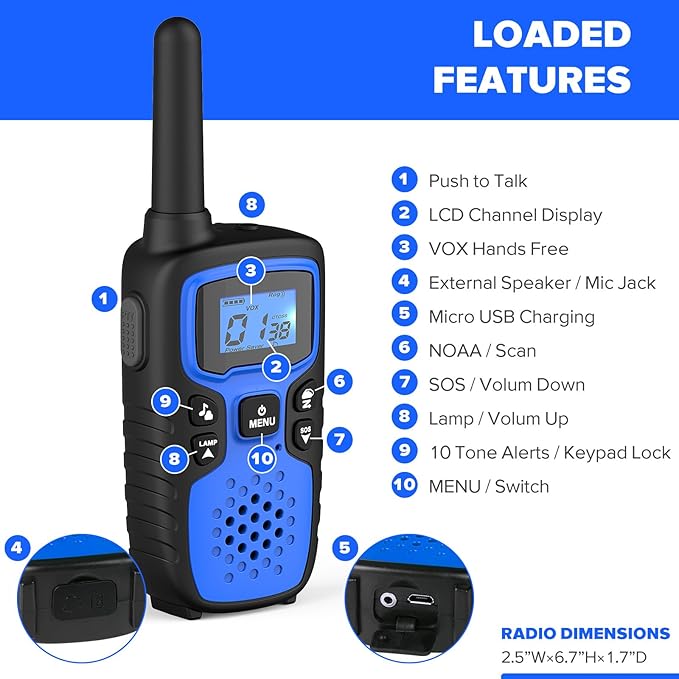 Wishouse Walkie Talkies for Adults Long Range-Rechargeable 4 Pack 2 Way Radios, Hiking Accessories Camping Gear Xmas Birthday Gift for Kids Family with Lamp,SOS Siren,NOAA Weather Alert,Easy to Use