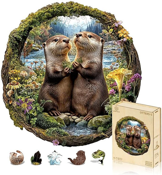 Jigfoxy Wooden Puzzles for Adults, Otter Couple Wood Puzzles Adult, Unique Animal Shape Wooden Jigsaw Puzzles for Adults, Birthday Gifts for Puzzle Lovers Family Friend (M-11 * 11.4in-193pcs)