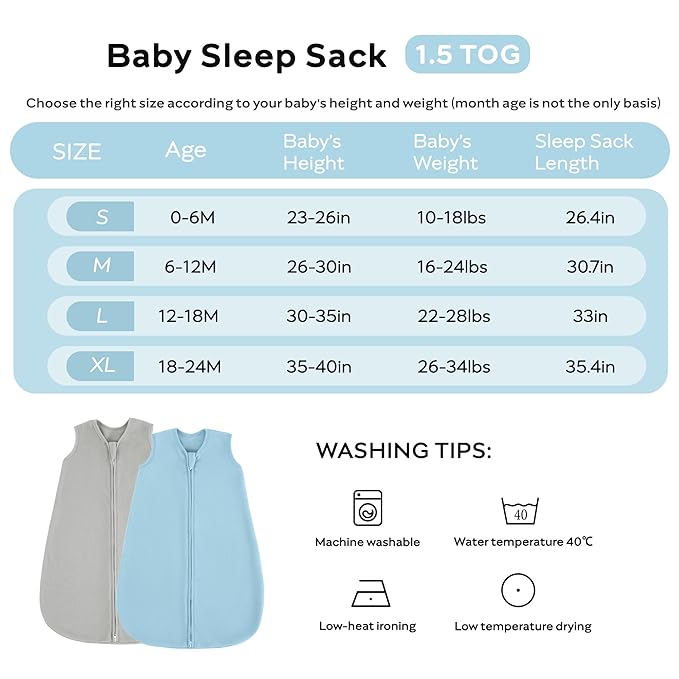 JELLYMONI Fleece Baby Sleep Sack 12-18 Months, 2 Pack 1.5 TOG Baby Wearable Blanket Winter Infant Sleeping sack with 2-Way Zipper, Warm Toddler Sleep Sack