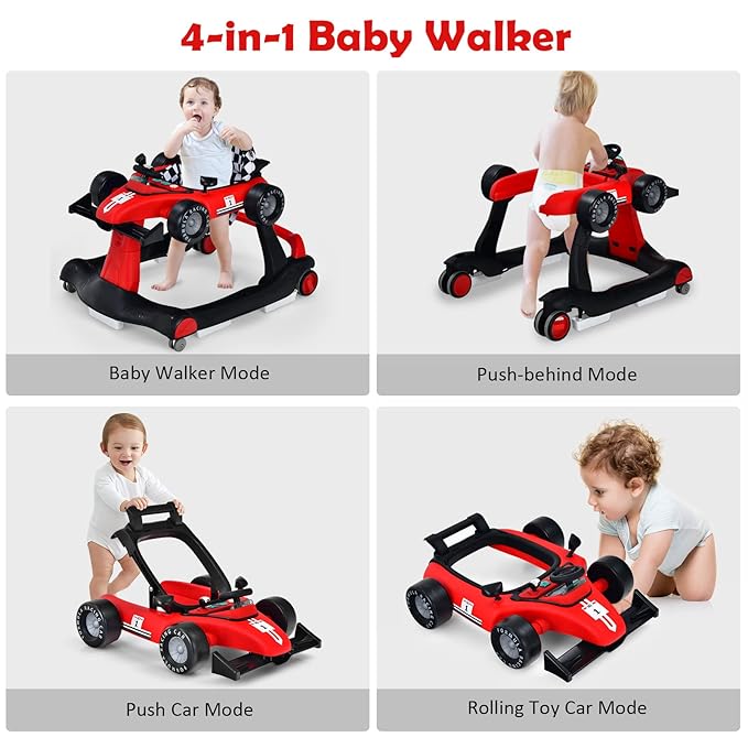 HONEY JOY 4-in-1 Baby Walker, Activity Push Walker w/3 Adjustable Heights, Smooth Wheels w/Adjustable Speed, Padded Seat, Music & Light, Foldable Car Walker for Baby Boys Girls Age 6 Months+ (Red)