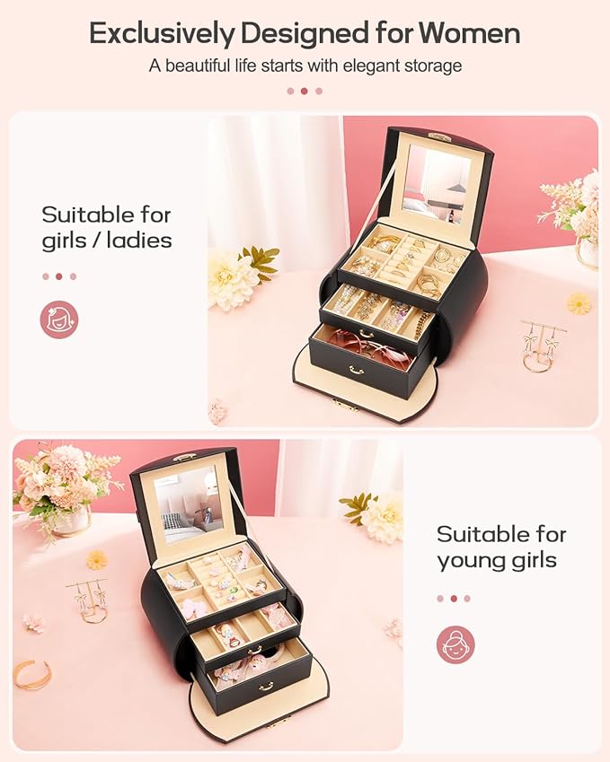 Homde Girls Jewelry Box Jewelry Storage Case Organizer with Mirror for Rings, Earrings, Bracelets, Necklaces (Black + Gold)