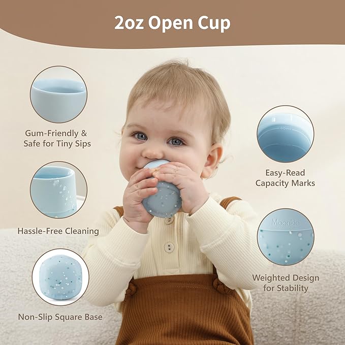 Moonkie Silicone Baby Cups 4 Months+ | Open Training Drinkware for Infants with Confetti Sprinkles | Baby-Led Weaning Essential | 2 oz (Ether/Mint, 2 Pack)