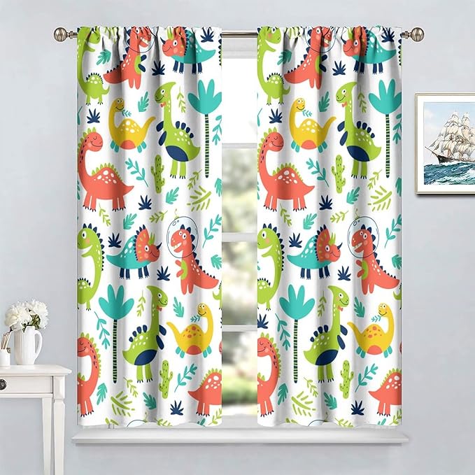 Rustic Dinosaurs Curtains Colorful Dino Kids Boys Cartoon Cute Cool Funny Decor Printed Blackout Rod Pocket Window Drapes for Living Room Bedroom W26xL84in 2 Panels