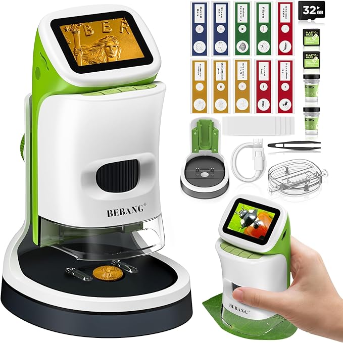 Detachable Kids Handheld Microscope Miniscope - 4K 2.0" HD Screen, 1000X Digital Pocket Toy Microscopes for Boys & Girls Ages 4-12 - Portable Science Stem Kit with Slides Set, 32G Card & EVA Case