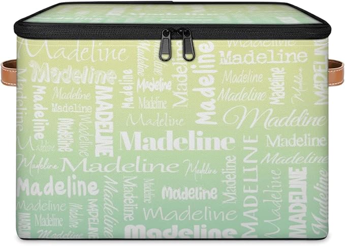 Custom Storage Basket with Name, Personalized Storage Bins with Zipper Lid, Foldable Fabric Storage Box Large capacity with Handle Yellow Green