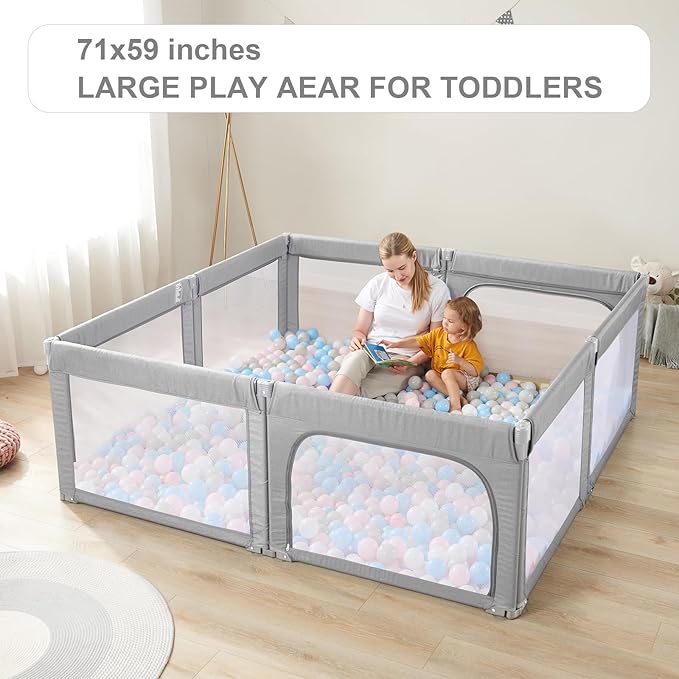 Foldable Baby Playpen, Shape & Size Adjustable Playpen for Toddler, 79x71 Large Play Pens Safety Mesh Foldable Playard for Babies, Portable Baby Fence Play Area Kids Play Pen, Grey