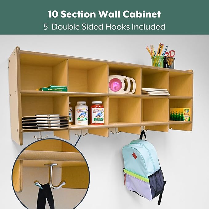 Angeles Value Line 10 Section Wall Locker, Classroom Shelves and Daycare Furniture, Cubby Storage Organizer with Hooks, 48" L x 12" W x 19" H