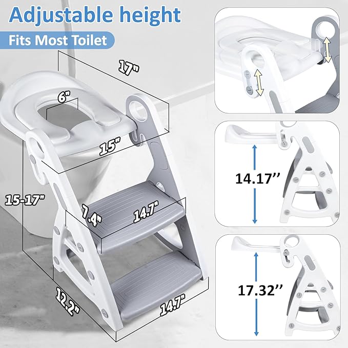 Primlect Potty Training Seat, 2-in-1 Toddler Toilet Seat with Step Stool, Ultra-Stable Potty Chair Attachment, Adjustable Seat and Step Ladder, Non-Slip Design, Splash Guard for Boys and Girls(Grey)