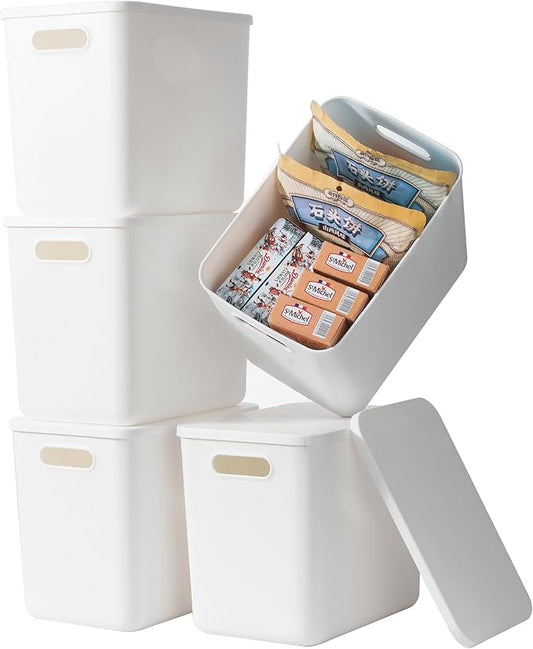 5 pack large plastic White storage bins with Lids, Toy Box Chest with Handle，Organizer Containers Baskets for Baby,Nursery，Shelves，Playroom, Bedroom，Office,Closet，home (White, 5L)