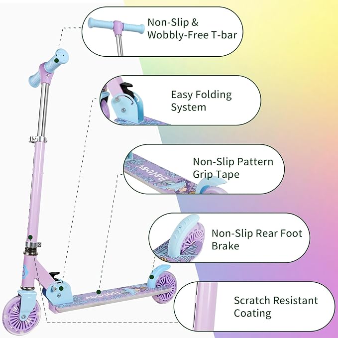 BELEEV V2 Scooters for Kids with Light-Up Wheels & Stem & Deck, 2 Wheel Folding Scooter for Girls Boys, 3 Adjustable Height, Non-Slip Pattern Deck, Lightweight Kick Scooter for Children Ages 3-12
