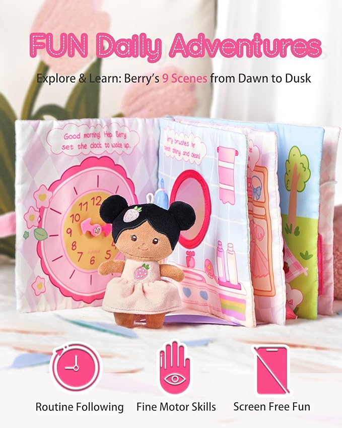 Interactive Sensory Soft Cloth Book, Educational Crinkle Quiet Activity Busy Book for Babies,Toddler Travel Toy Gift for 1-3 Year Old Boys and Girls (A Berry Special Day)