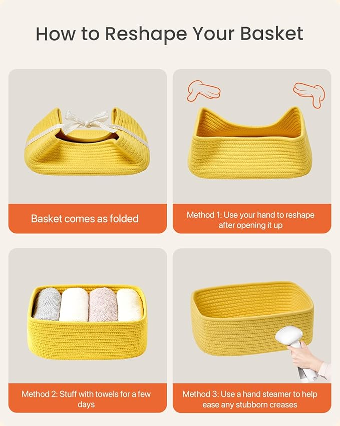 KALLAX Small Woven Basket, 12 x 8 x 4.5 Inches, Storage Basket for Organizing, Cute Small Rope Shelf Closet Cube Storage Bins Baskets for Shelves, Dog Toy Gift Baskets Empty, 3 Pack Yellow