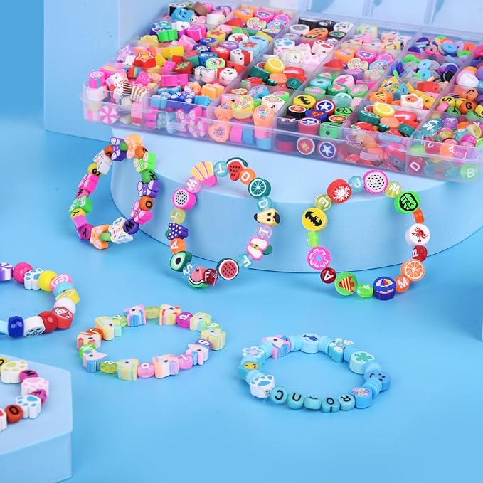 Christmas Gift Set,10000PCS Polymer Clay Beads Bracelet Making kit, Cute Fun Beads Fruit Flower Animal Cake Butterfly Heart Beads Charms for Jewelry Making DIY Accessories for Children Girls