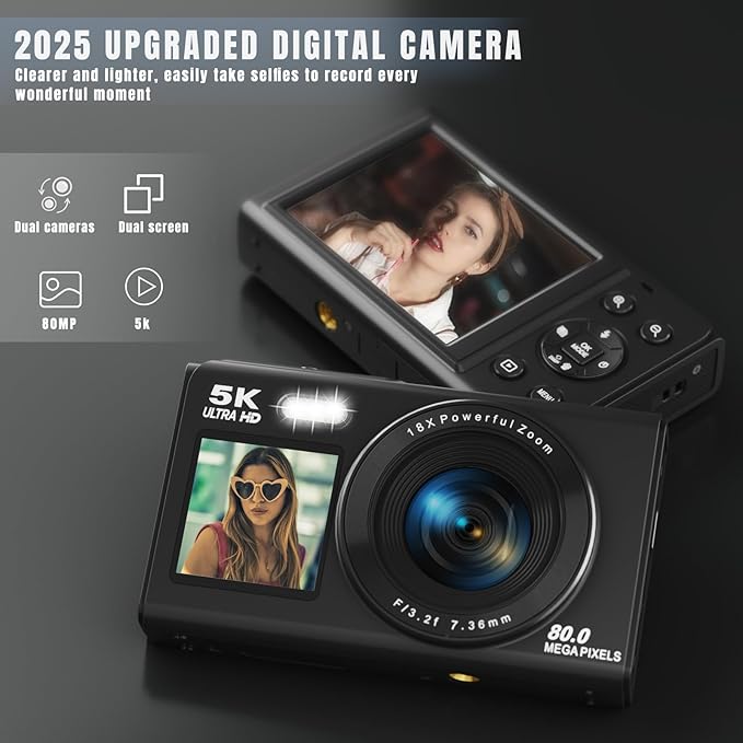 5K Digital Camera, Dual Screens Camera with 18X Digital Zoom, Compact Vlogging Camera for Teens, Beginner-Friendly Gift Pack, 32GB Card & 2 Batteries, Black