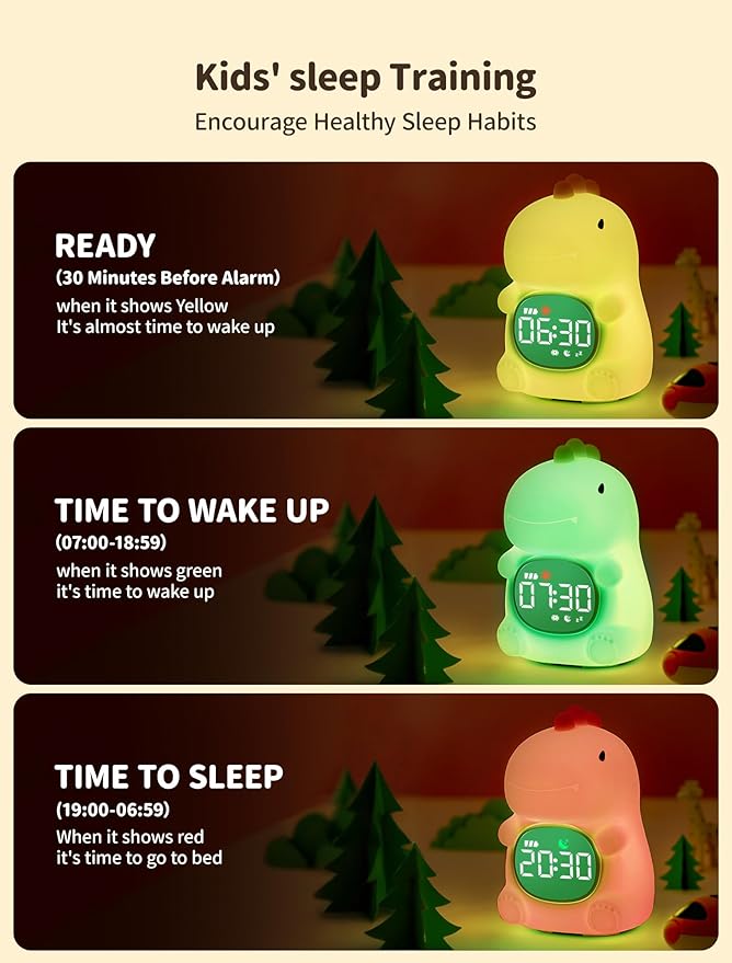 MASHI Kids Alarm Clock, Toddler Sleep Training Clock with Sun & Moon, Sleep Sound Machine, Night Lights, Ok to Wake Dinosaur Clock, Gift Ideas for Kids Child
