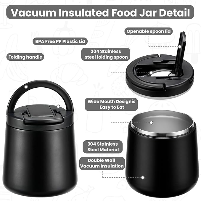 20oz Insulated Vacuum Food Jar with Buckle Lid,Soup Thermo for Hot Food Kids,Wide Mouth Leakproof Stainless Steel Lunch Container with Spoon-Black