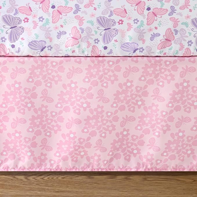 The Peanutshell 3 Piece Baby Crib Bedding Set for Girls - Newborn, Infant & Toddler Nursery Bed Set Decor with Fitted Crib Sheet, Dust Ruffle Comforter - Butterfly Song