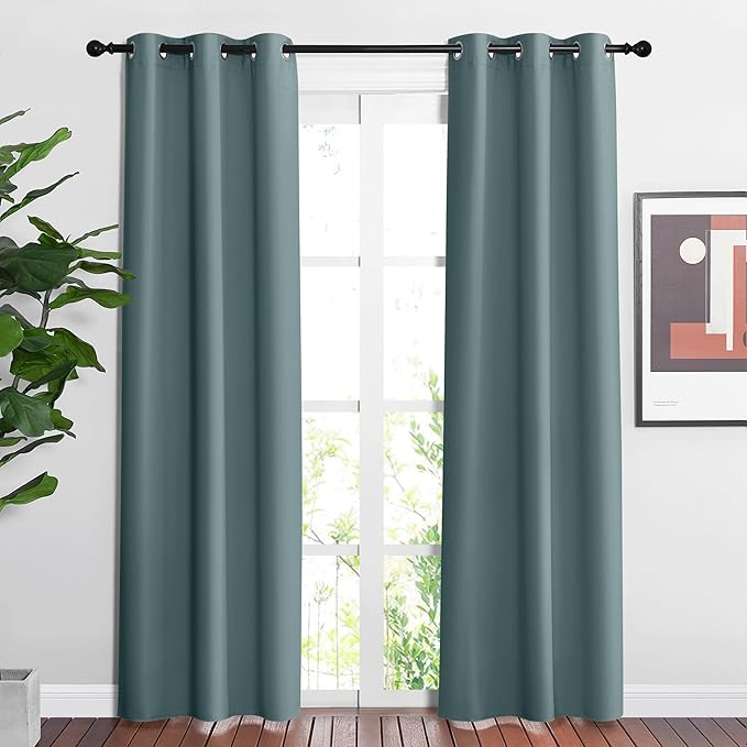 NICETOWN Blackout Greyish Blue Curtains & Drapes for Living Room - Thermal Insulated Solid Grommet Sound Reducing Room Darkening Window Treatments for Bedroom (2 Panels, W37 x L84)