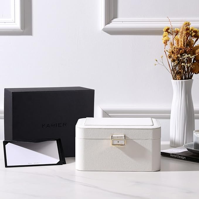 KAMIER Travel Jewelry Box, 2 Layers PU Leather Portable Jewelry Organizer, Large Capacity, Double Lock and Large Mirror, Hidden Necklace Hooks, Removable Dividers, Gift Box Packaging, White