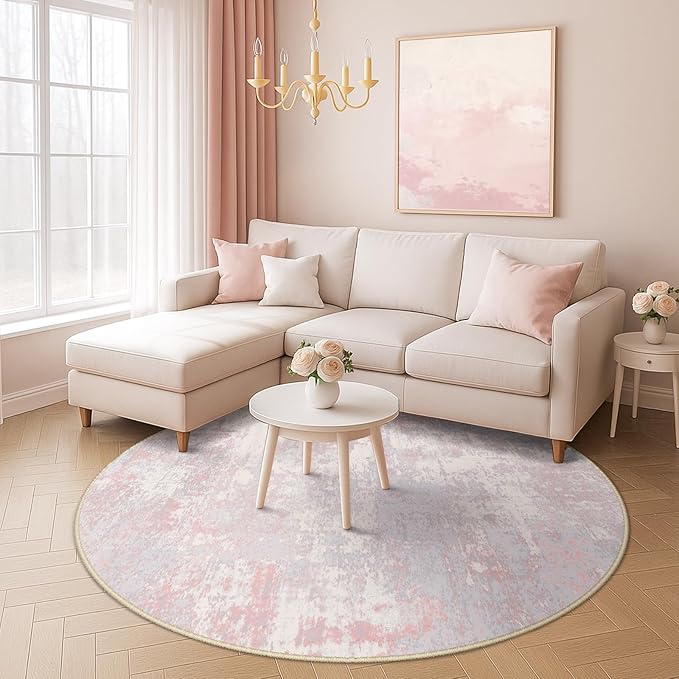 Washable Area Rugs 6ft Non-Slip Modern Abstract Soft for Living Room Entryway Bedroom Nursery, Print Pattern, Grey Pink