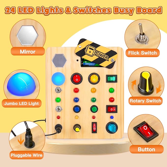 LED Busy Board, Wooden Sensory Toys for Toddler, Montessori Music Toy for Airplane, Travel Activity Educational Learning Toy, Busy Light Switch Autism Toys, Birthday Boys Girls Gifts
