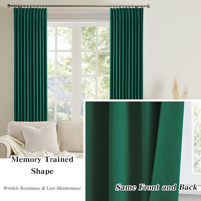 KEQIAOSUOCAI Dark Hunter Green Blackout Curtains 63 Inches Long, Christmas Home Decoration Pinch Pleated Room Darkening Drapes for Bedroom,Emerald Green,40x63,2 Panels