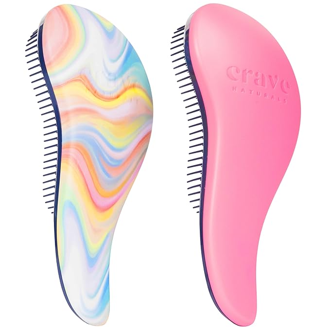 Crave Naturals Glide Thru Detangler Brush Pack of 2 - Curly Hair Brush for Women and Kids - Wet and Dry Comb for Adults - Soft Flexible Bristles for Gentle Use - Pink and Soft Hazy Swirl
