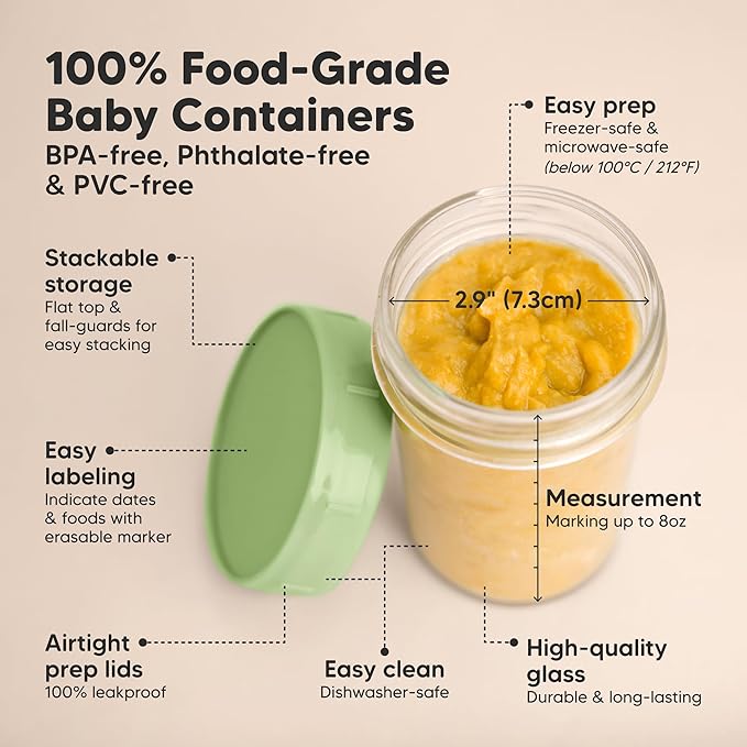 KeaBabies 4pk 8oz Glass Baby Food Containers with Lids - Leak-Proof, Microwavable Small Glass Jars, Baby Purees & Toddler Snack Storage Containers, BPA-Free, Dishwasher & Freezer Safe (Nord)