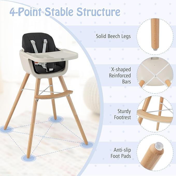 BABY JOY Baby High Chair, 3-in-1 Convertible Wooden Highchair for Babies & Toddlers, Infant Feeding Chair w/ 5-Point Safety Harness, Footrest, Adjustable Legs, Removable Tray & PU Cushion (Black)