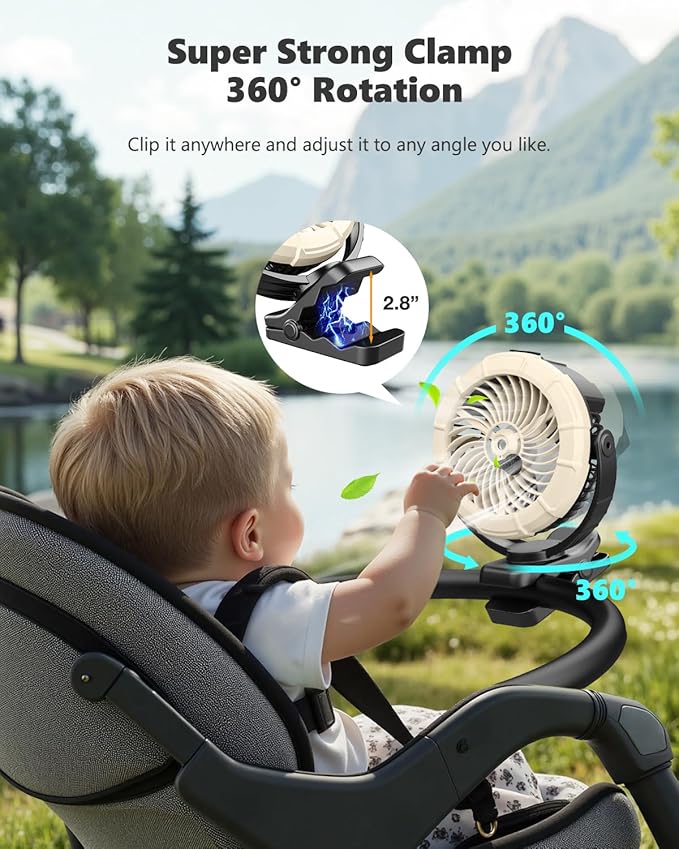 Ausic 3-in-1 Portable Clip on Fan with Misting & LED Lights & Hook, 100ML Baby Stroller Fan, 5200mAh Rechargeable Battery Operated & 360° Rotation & 3 Speeds for Table Outdoor Travel Camp Golf Cart