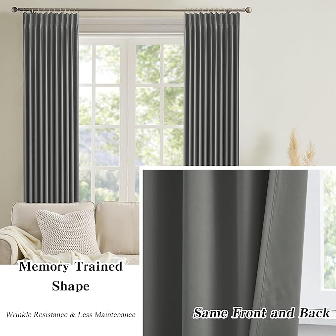 KEQIAOSUOCAI Grey Blackout 90 Inch Curtains 2 Panels,Energy Saving Sound Dampening Light Blinds Window Treatments for Living Room/Dining Room/Bedroom(40 Wide Each Panel) 40 x 90,Pinch Pleated