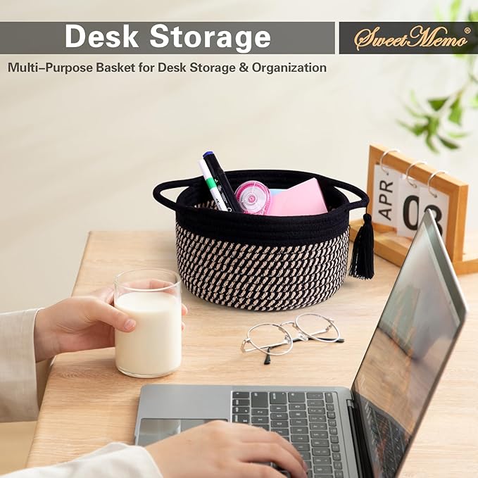 Empty Gift Basket - SweetMemo Mini Woven Rope Organizer Baskets for Baby Shower, Vanity, Makeup Brushes, Bathroom, Shelves, Desk - Small Decorative Storage Bins - Set of 2, Pre-Shaped, Black Brown