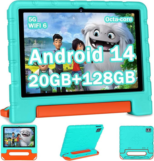 2025 Kids Tablet 10 inch Android 14 Tablets for Kid Octa-Core, 20GB+128GB (TF 1TB), Toddler Tablet with Shockproof Case, 2.4G+5G WiFi 6, Parental Control, Face Unlocked, Split Screen, BT5.0 (Green)