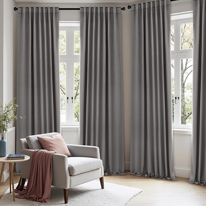ANRODUO Back Tab Blackout Curtains for Bedroom Living Room, Rod Pocket Pinch Pleated Thermal Insulated Room Darkening Curtains 108 Inches Long 2 Panels, Grey, 52 x 108 Inch