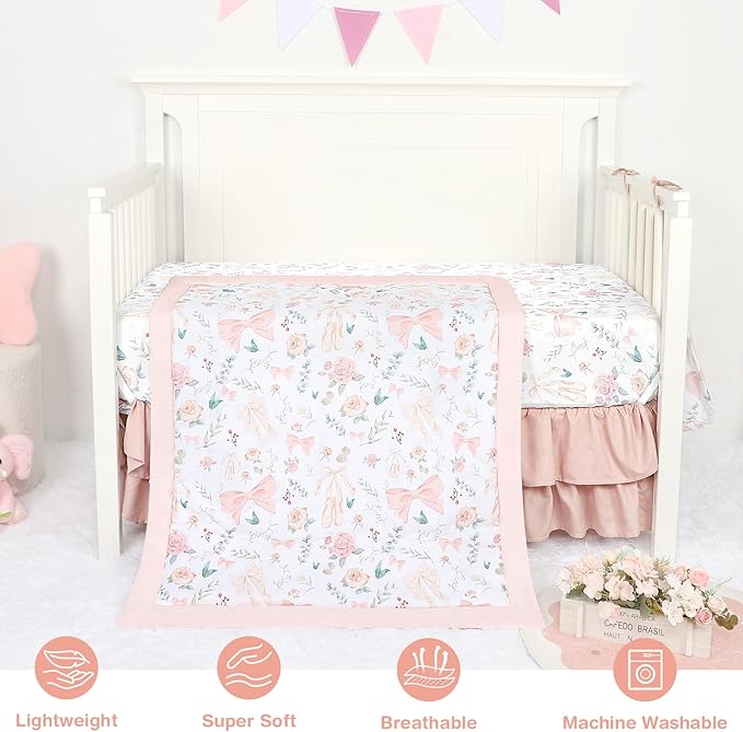 GFU Crib Bedding Set for Girls 4-Piece, Bow Baby Girl Crib Bedding Set Pink Flowes, Nursery Sets Includes Comforter, Fitted Crib Sheet, Crib Skirt, and Diaper Stacker