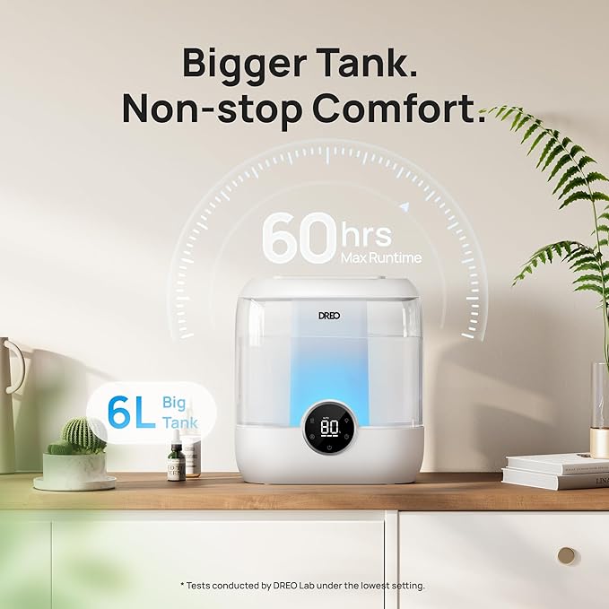 Dreo Smart Humidifiers for Bedroom, 6L Top Fill Supersized Cool Mist Humidifier for Large Room, 60 Hour Runtime, Quiet Ultrasonic Humidifiers for Plants, Baby, Indoor, Home, Night Light, White